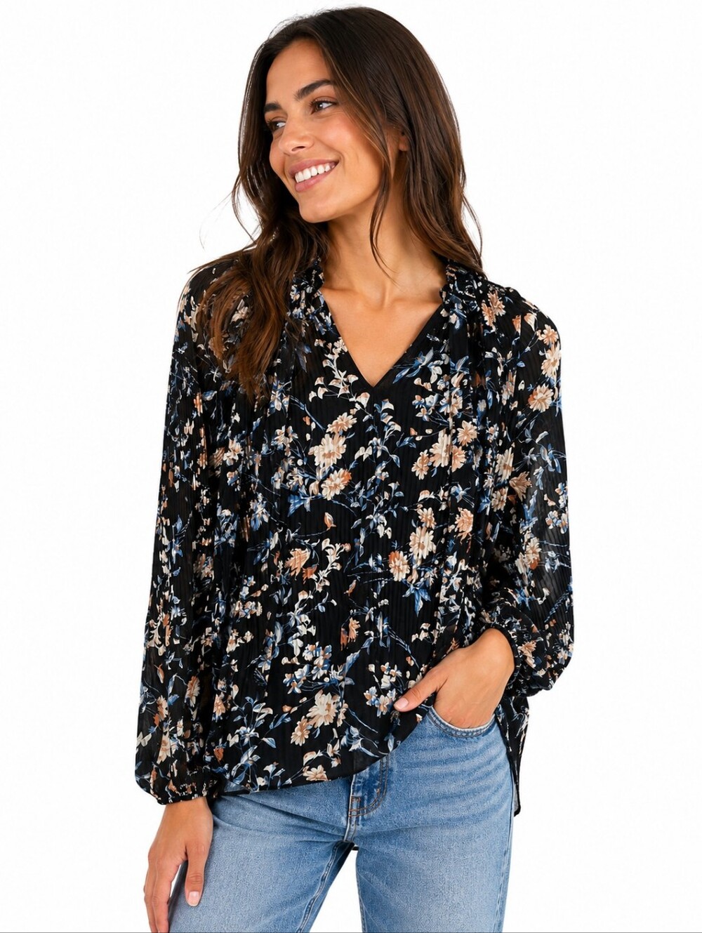 Papillon Black Floral Pleated Long Sleeve Tie Neck Blouse Top Size Small